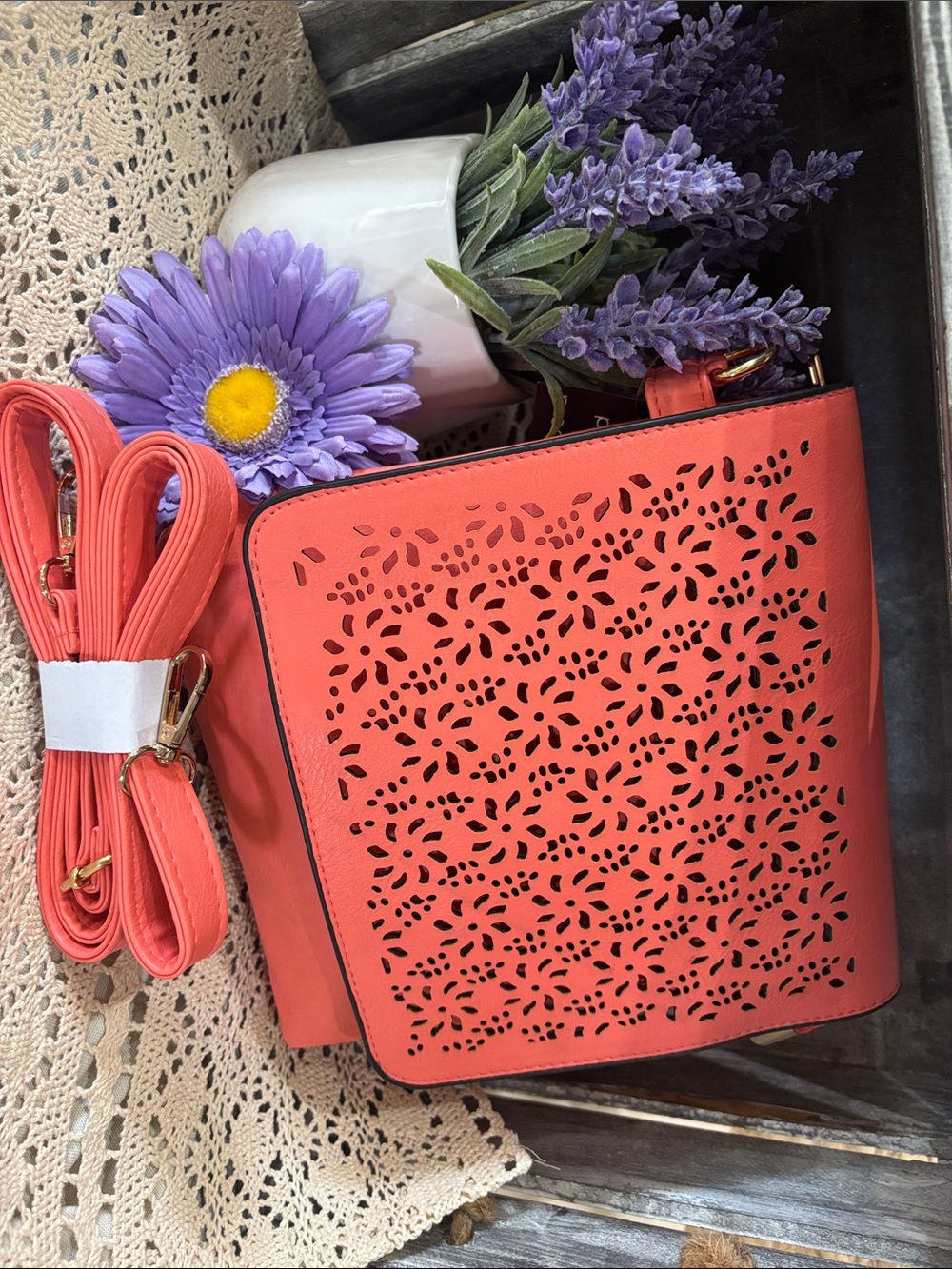Coral Laser-Cut Crossbody Bag with Adjustable Strap